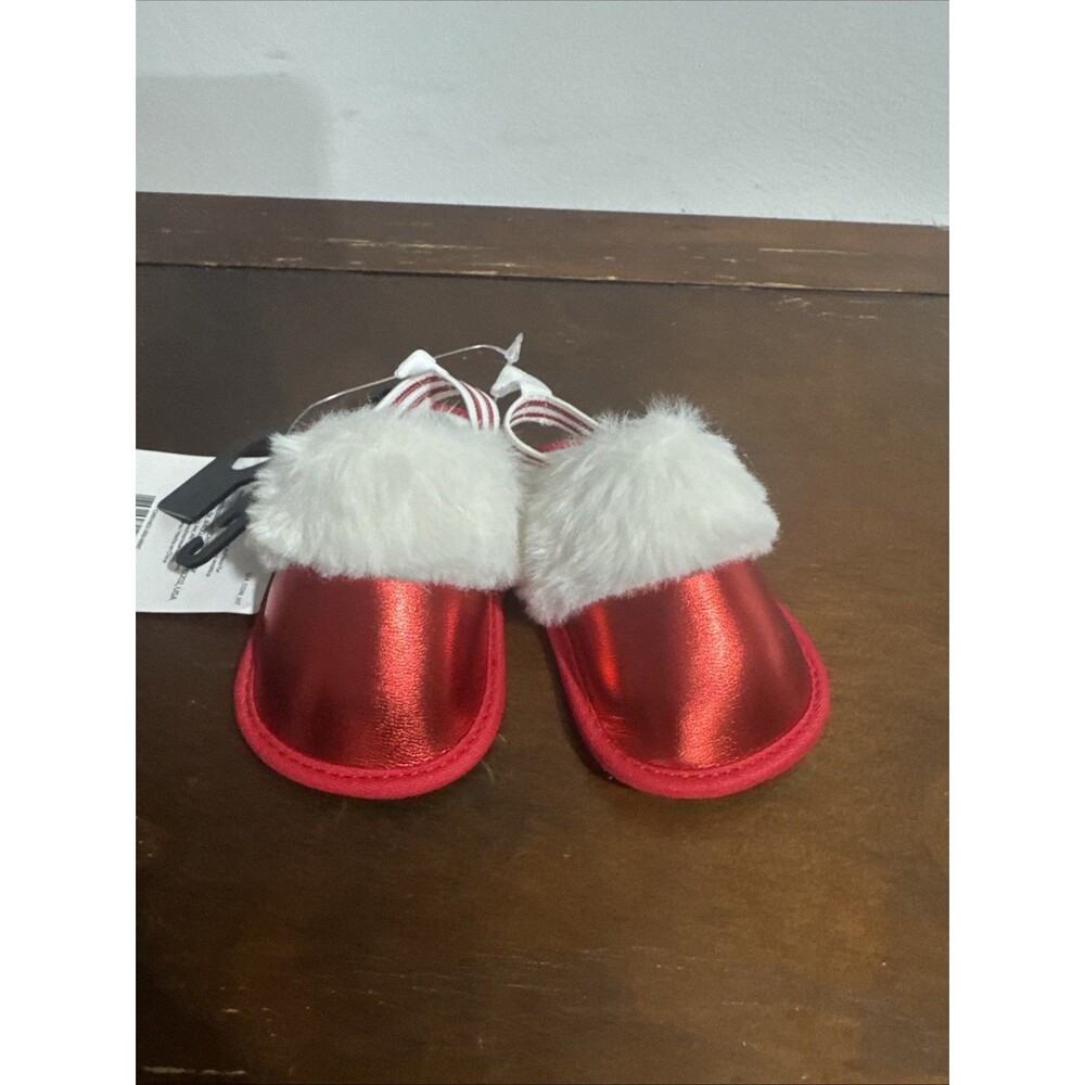 Carter's Child of Mine Baby Girl Slippers 0-3 Months Red Metallic White Faux Fur